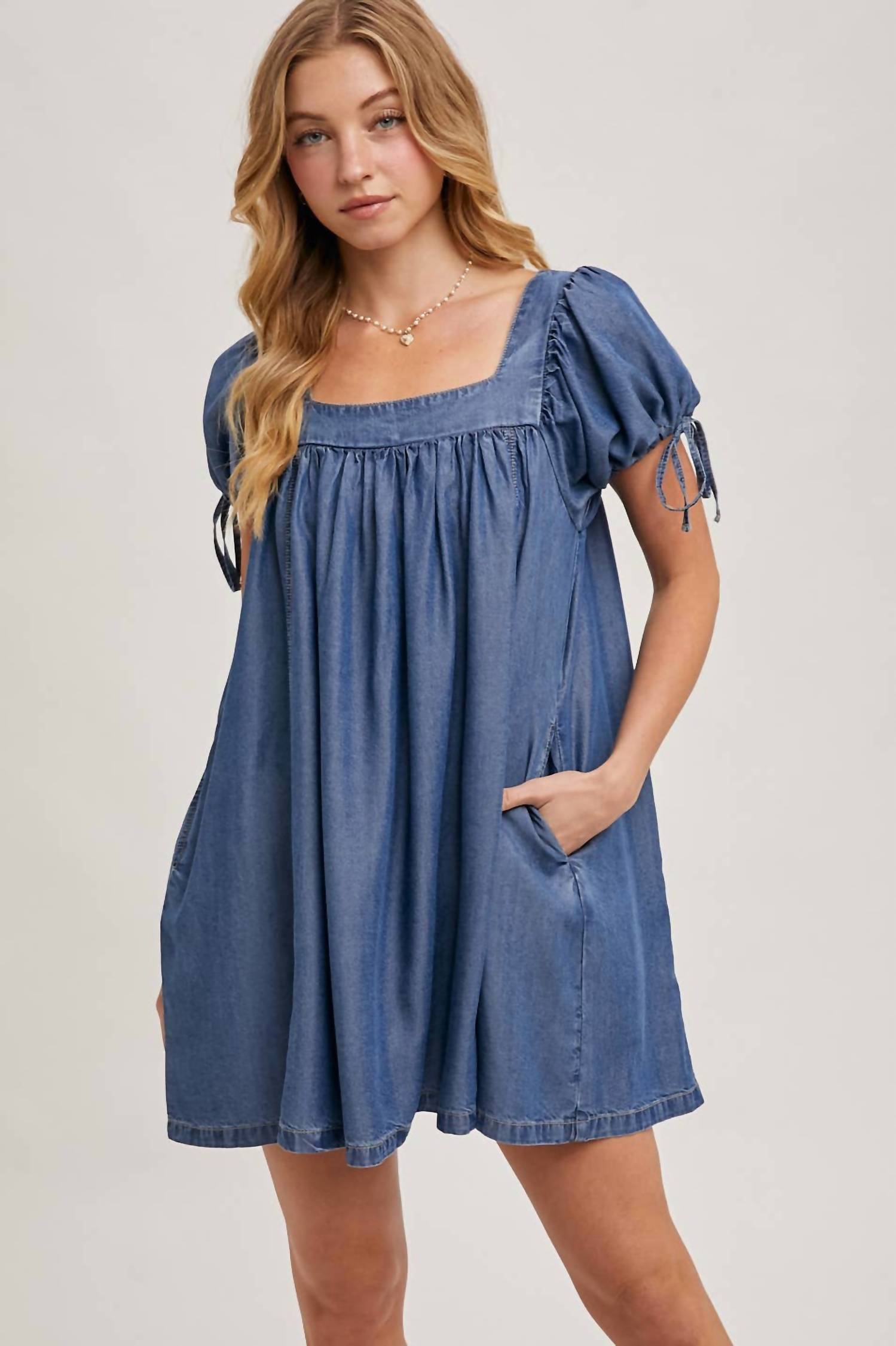 Bluivy - Denim Square Neck Babydoll Dress With Pockets
