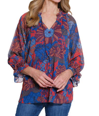 Multiples - Double Flounce Raglan 3/4 Sleeve Tie Front Shirred Neck Top