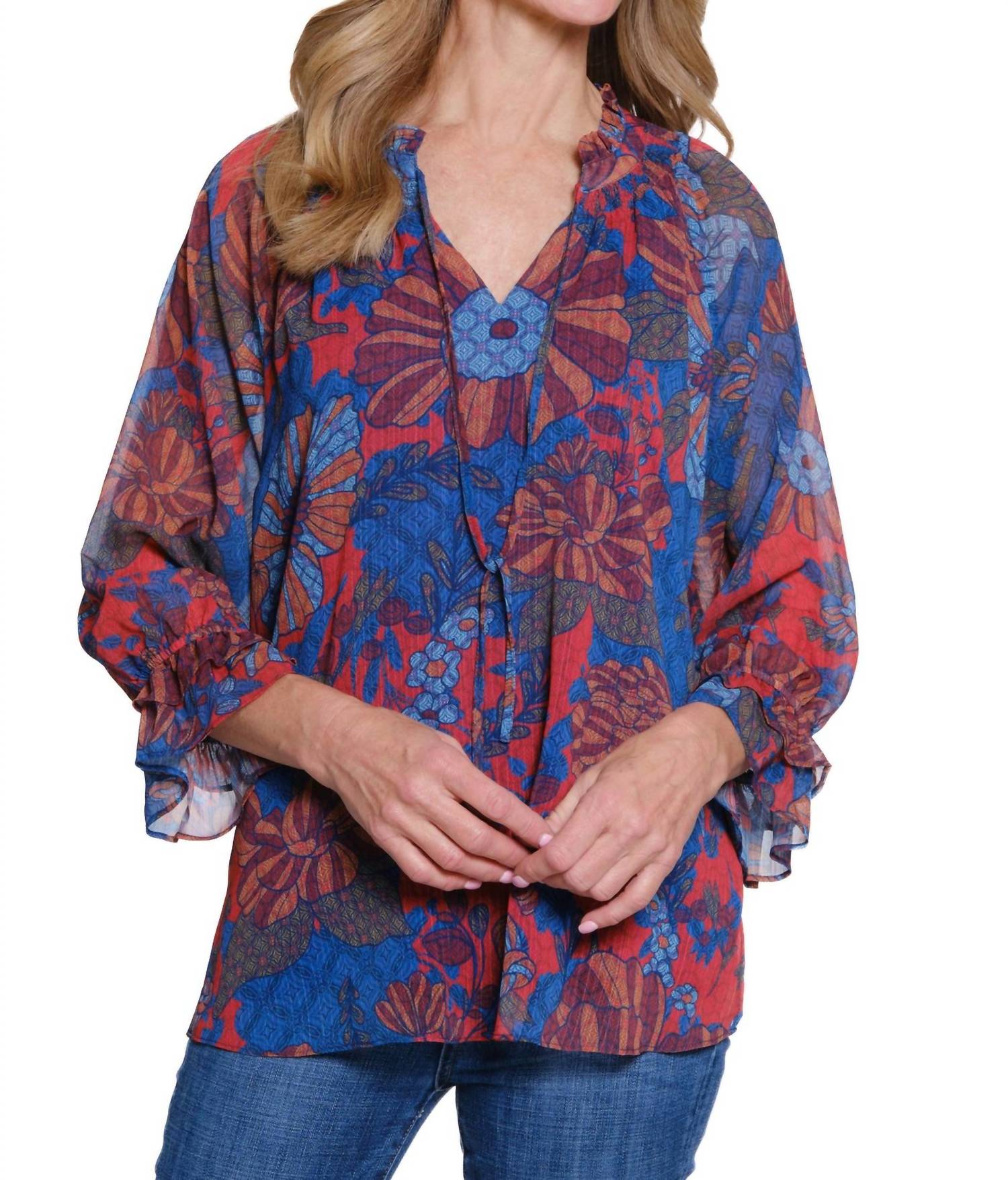 Multiples - Double Flounce Raglan 3/4 Sleeve Tie Front Shirred Neck Top