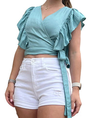 Glam - Wink Tie Side Ruffle Trim Crop Top