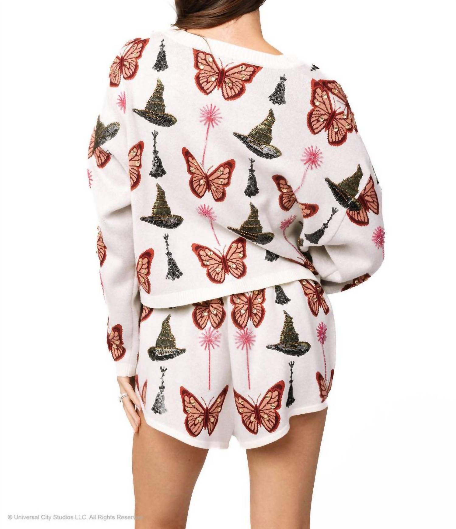 QUEEN OF SPARKLES Licensed Butterfly, Broom, & Wand Tie Front Cardigan in white pink green - women's cardigan - alternate view