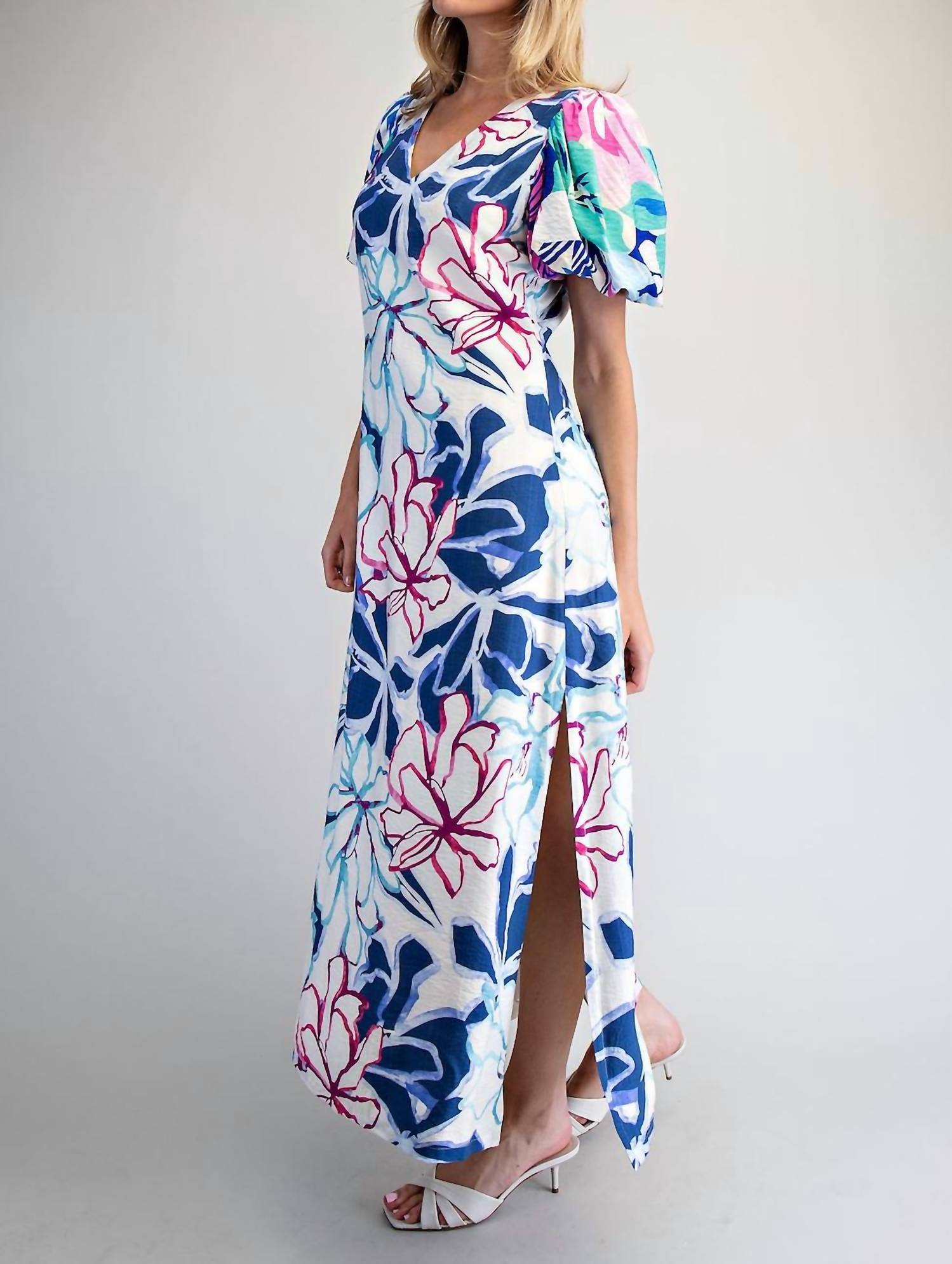 Umgee - Tropical Print Puff Sleeve Maxi Dress