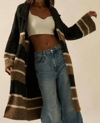 Promesa - Colorblock Stripe Collared Open-front Cardigan