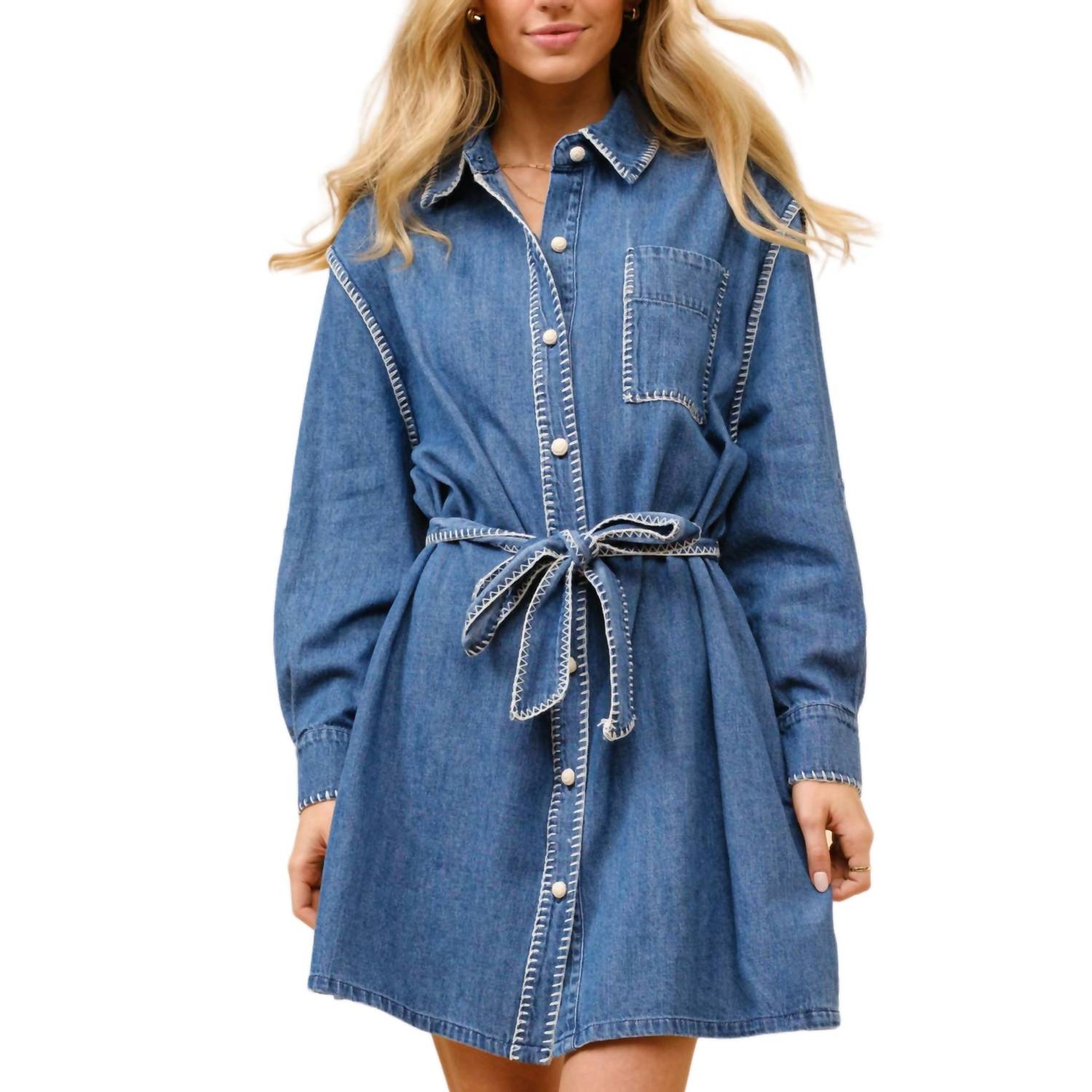 Blue B - Blanket Stitch Button Up Denim Shirt Dress