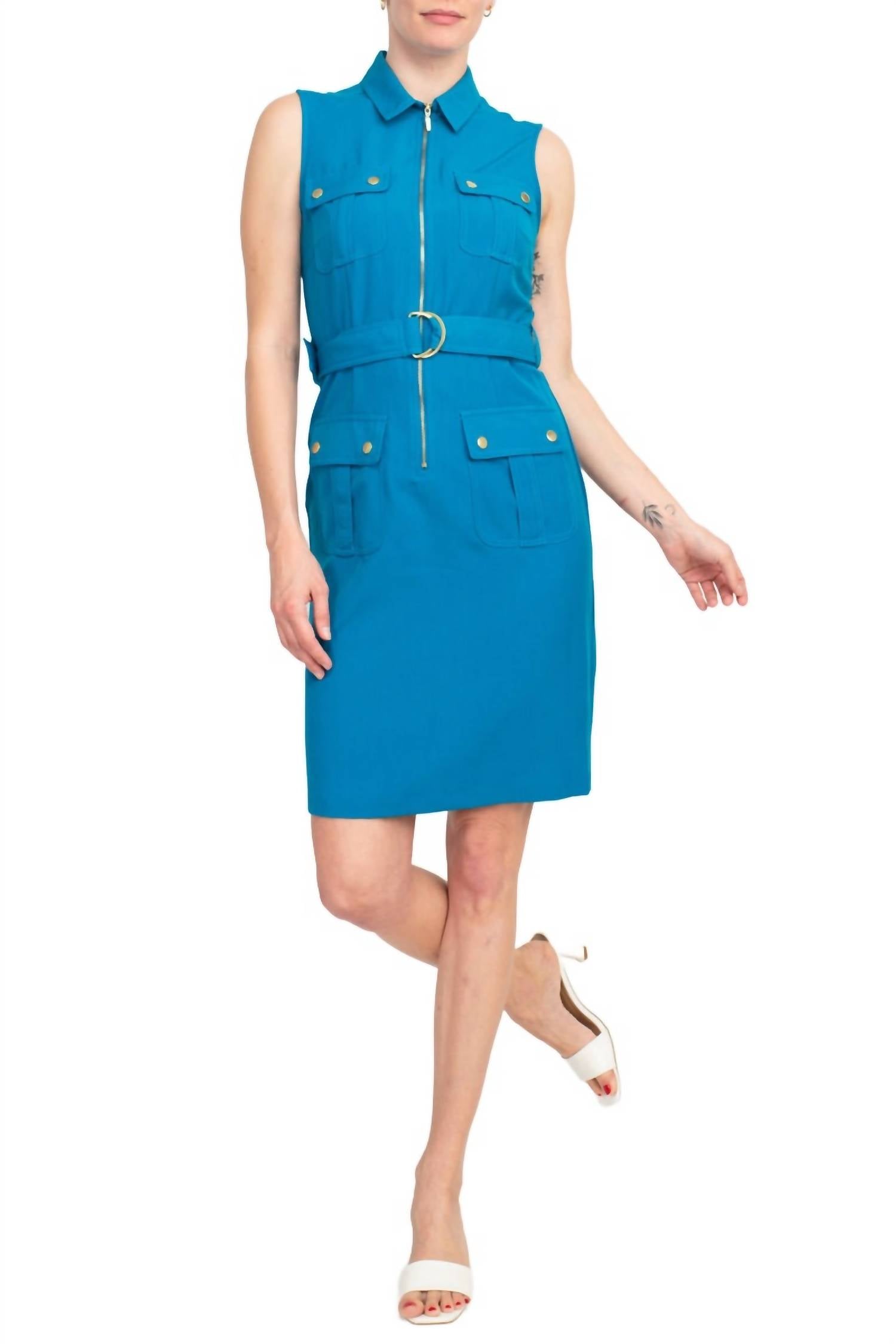 Sharagano - Belted Zip Front Dress With Pockets