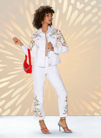 Donna Vinci Embroidered Floral Denim Jacket in white multi - women's jacket - alternate view
