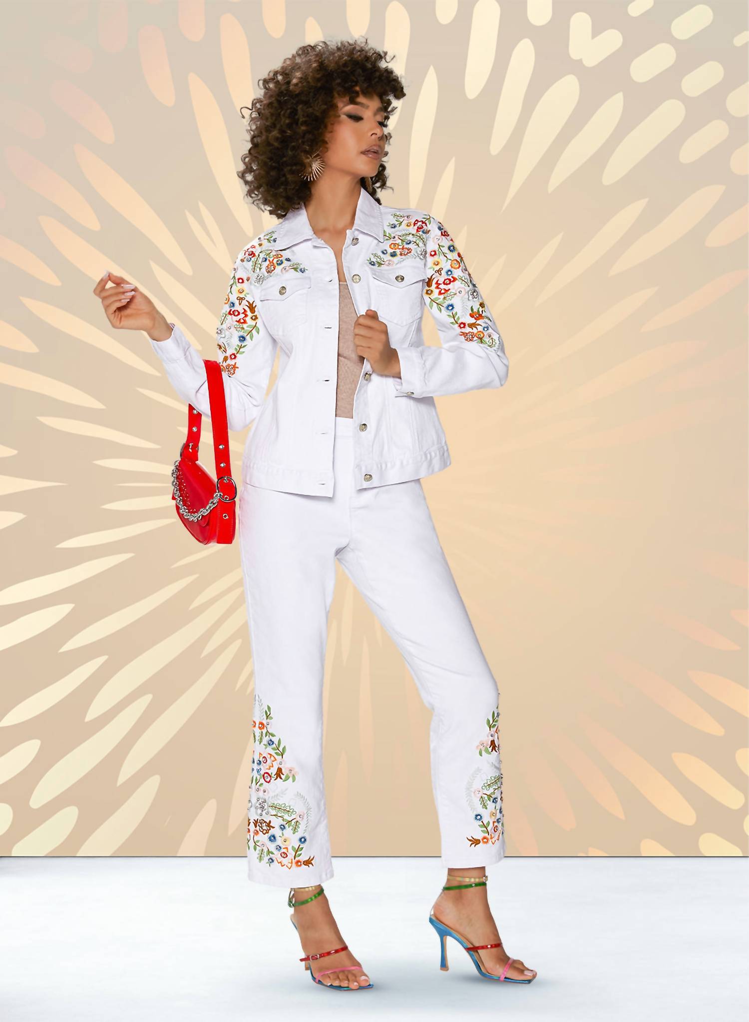 Donna Vinci Embroidered Floral Denim Jacket in white multi - women's jacket - alternate view