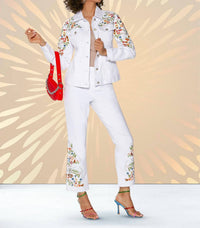 Donna Vinci Embroidered Floral Denim Jacket in white multi - women's jacket - detail view