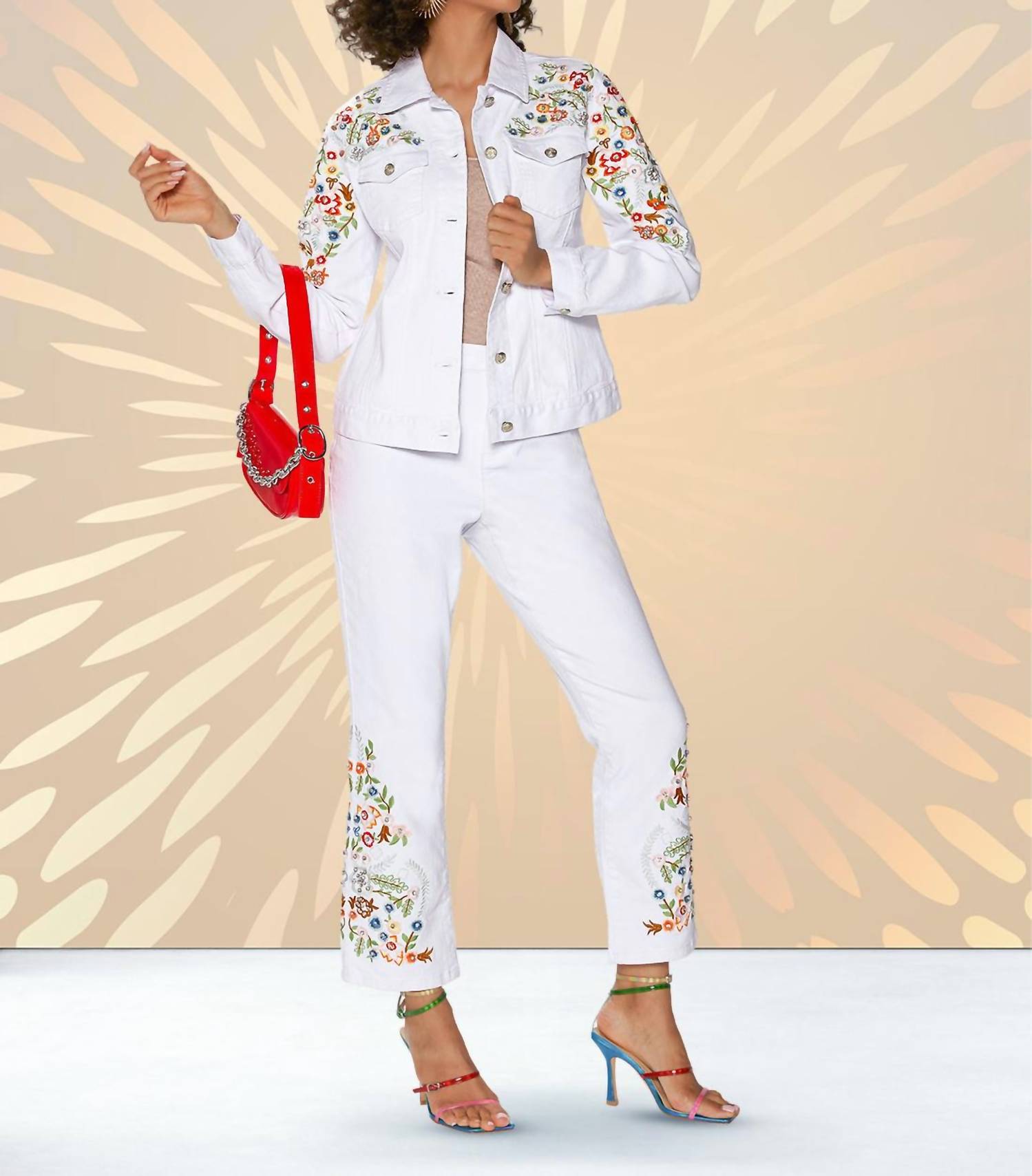 Donna Vinci Embroidered Floral Denim Jacket in white multi - women's jacket - detail view