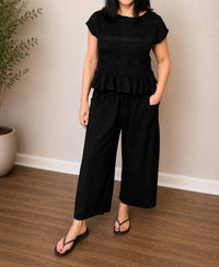 Davi & Dani - Davi & Dani Ruffle Cap Sleeve Top and Waistband Pants Set