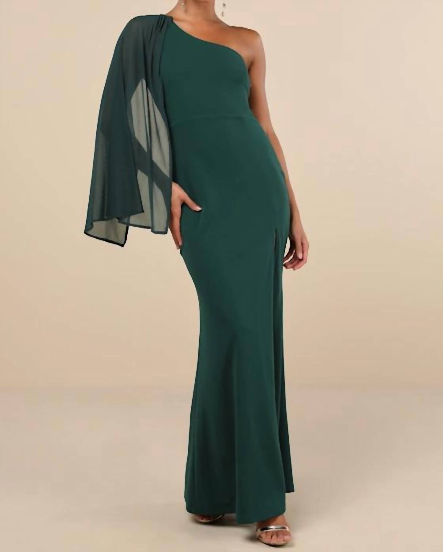 Lulus Majestic Attitude Cape Sleeve One-shoulder Maxi Dress in emerald - women's dress