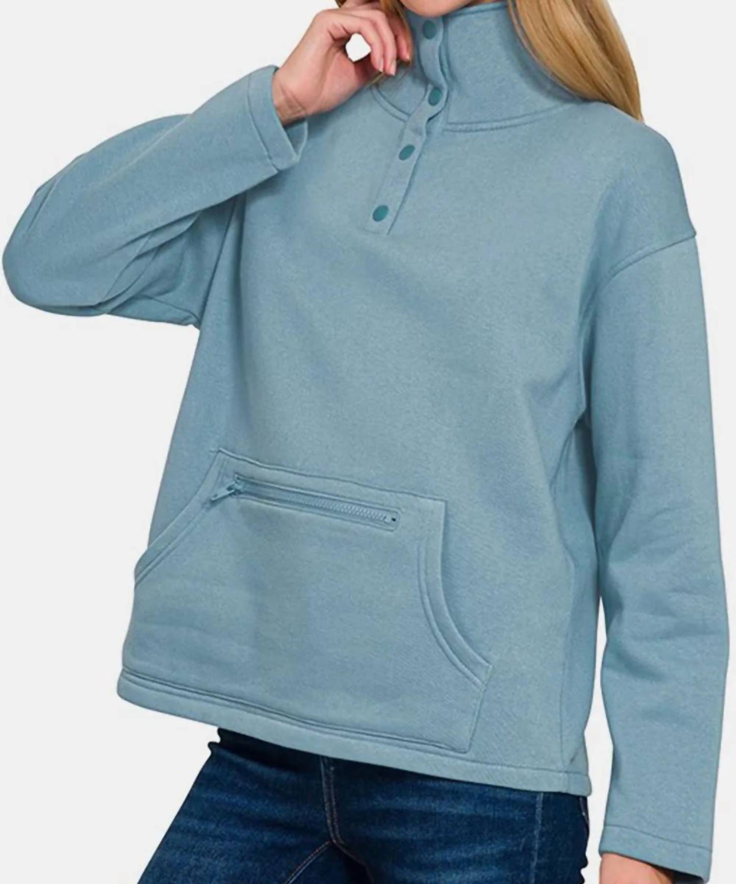 Zenana - Turtleneck Half Snap Fleece Sweatshirt