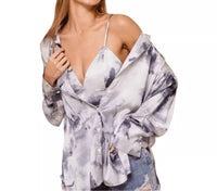 Ces Femme - Monica Tie Dye Print Boyfriend Satin Shirt and Matching Crop Top