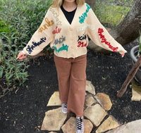QUEEN OF SPARKLES Thanks Glitter Script Cardigan in beige multi - women's cardigan - view 6