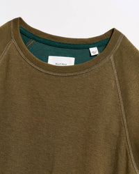 Billy Reid Men's Raglan Crew Neck Sweatshirt in dark olive - women's long sleeve top - detail view