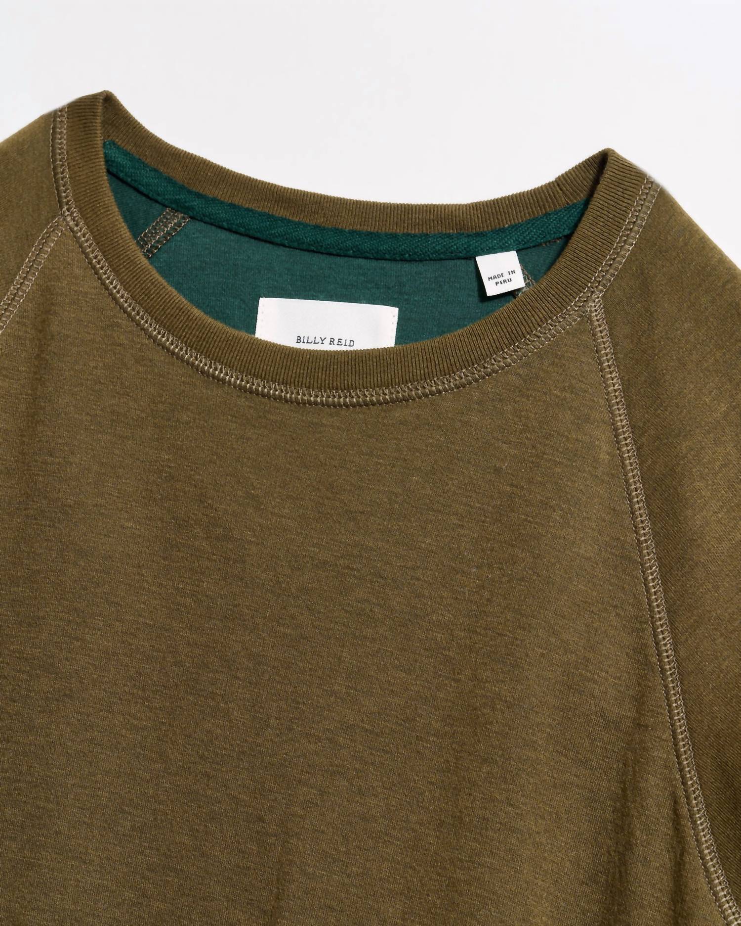Billy Reid Men's Raglan Crew Neck Sweatshirt in dark olive - women's long sleeve top - detail view