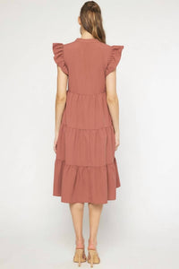 entro Ruffled Pocket Tiered Midi Dress in cinnamon - women's dress - detail view