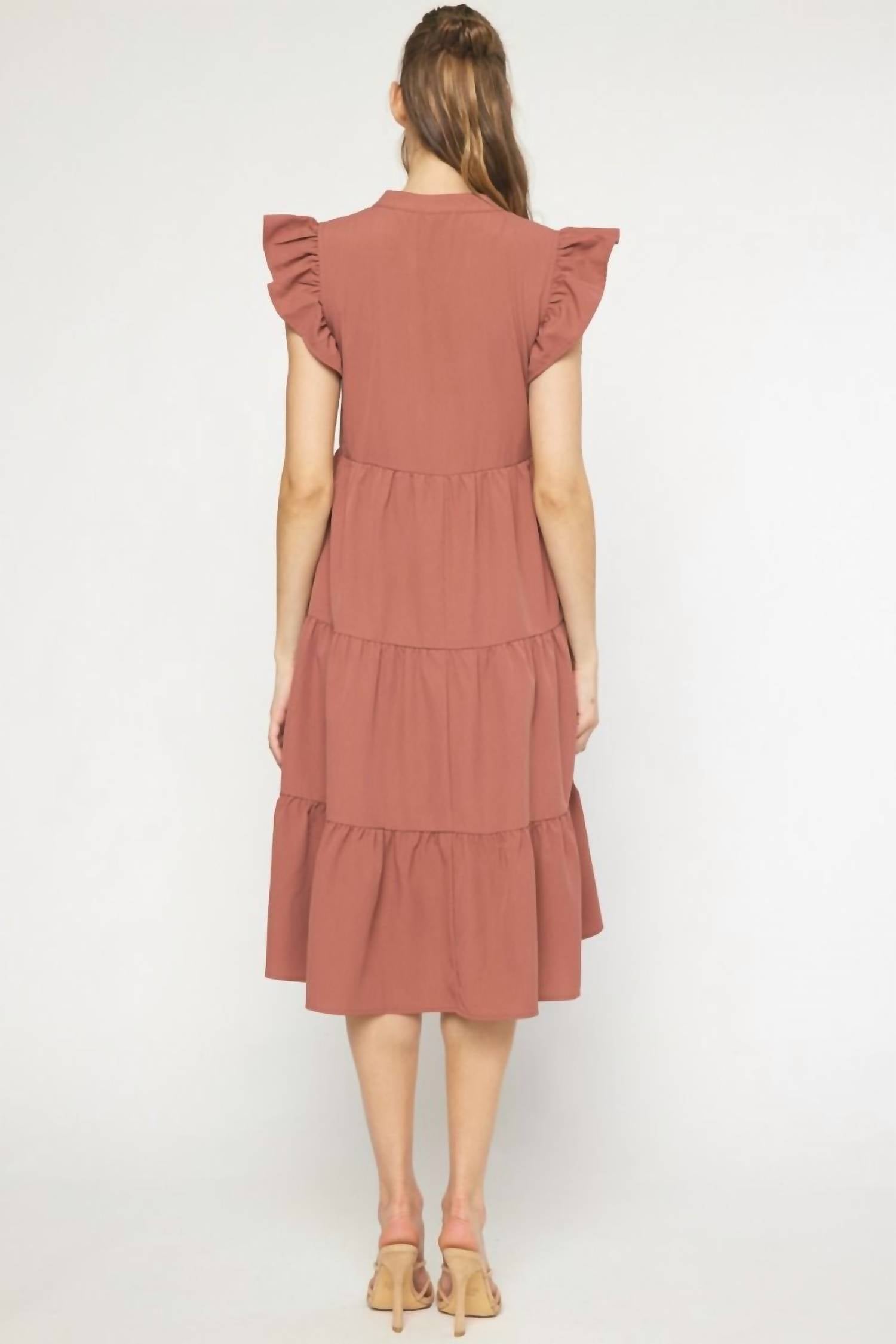 entro Ruffled Pocket Tiered Midi Dress in cinnamon - women's dress - detail view