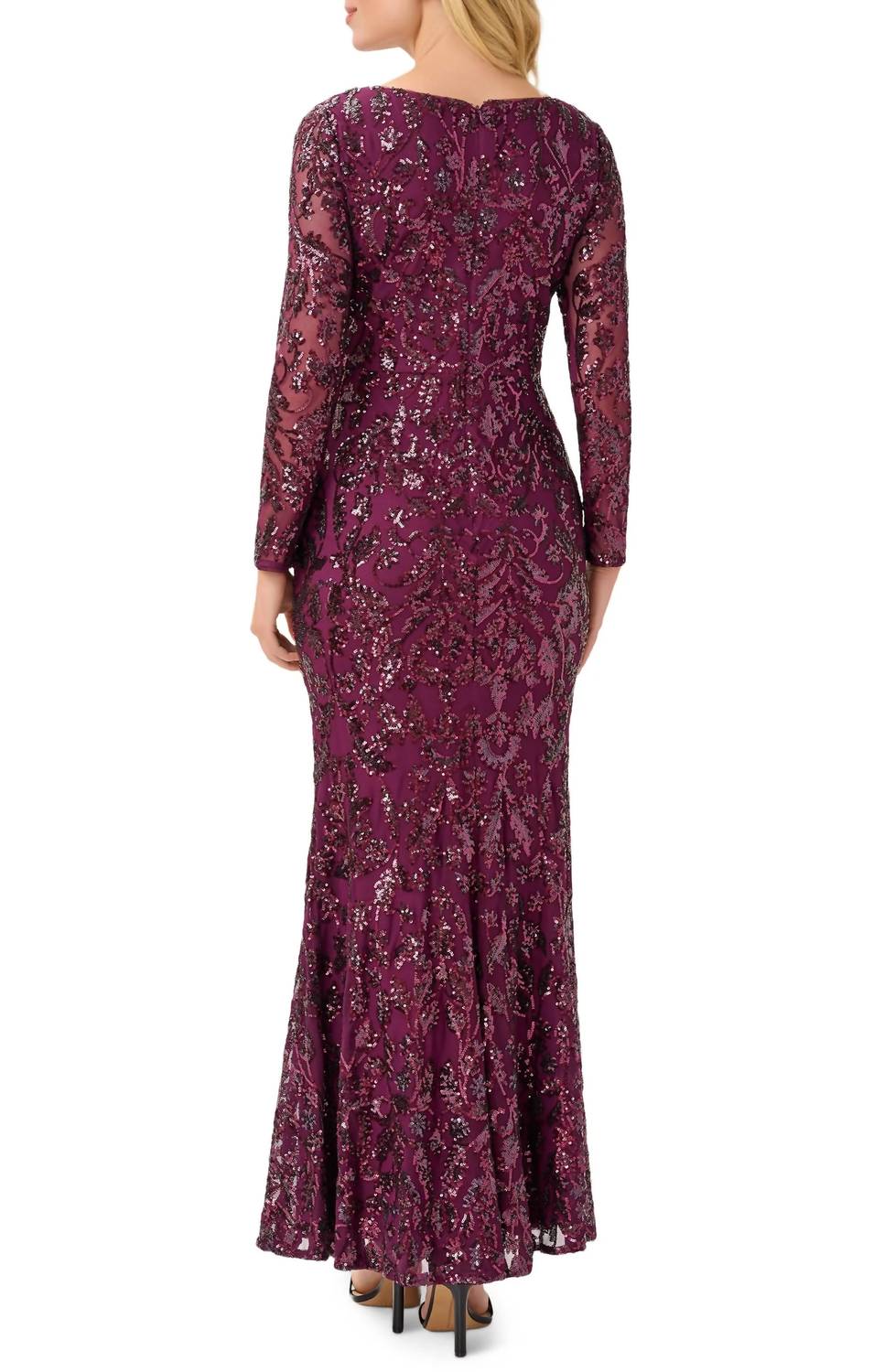 Adrianna Papell - V-neck Long Sleeve Mermaid Sequined Mesh Knit Gown