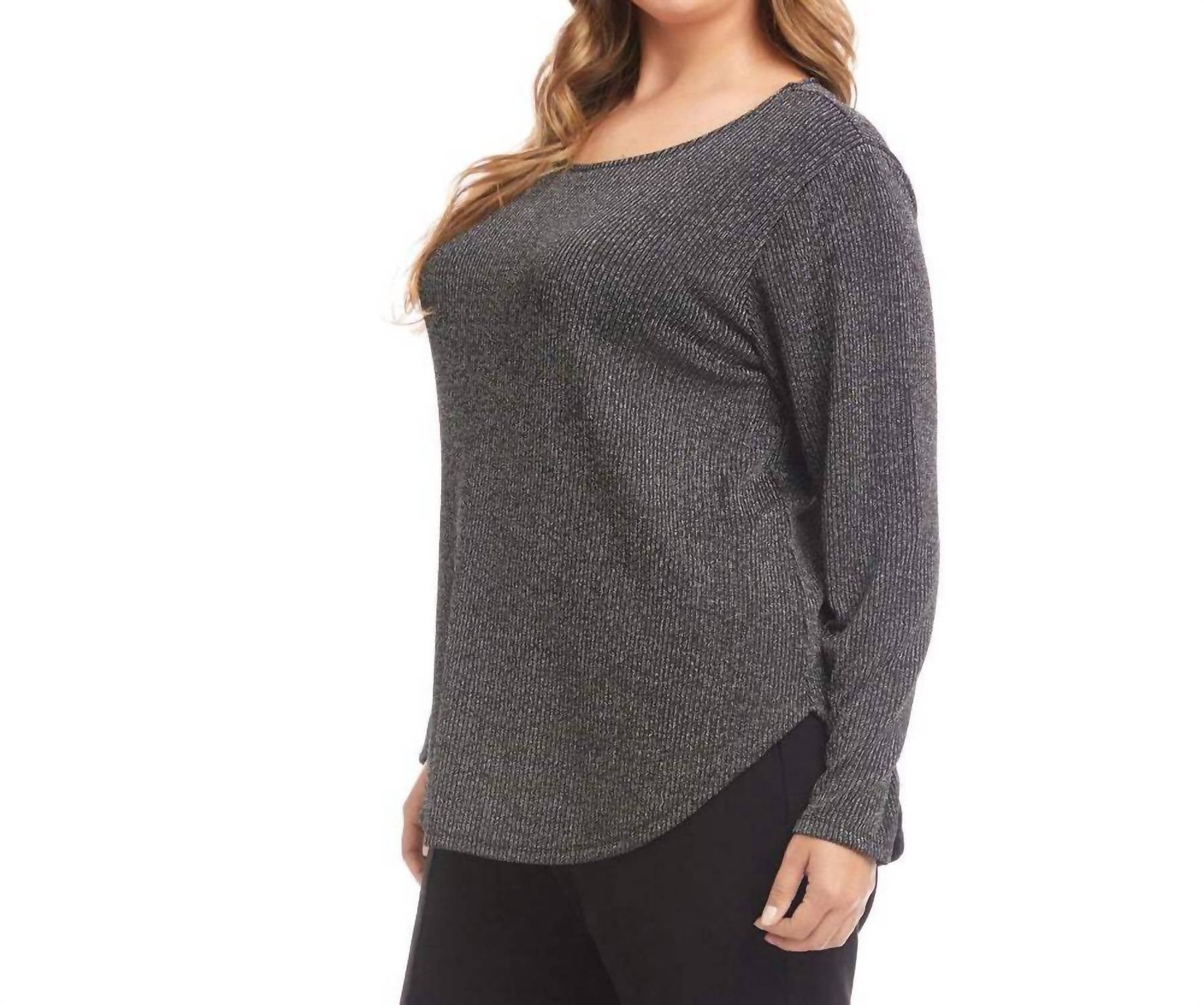 Karen Kane - Long Sleeve Metallic Stripe Knit Shirttail Top - Plus