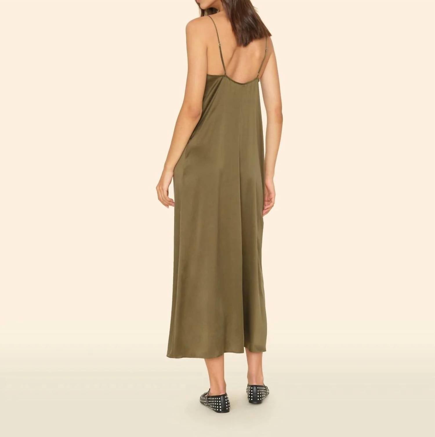 XIRENA Destin Midi Slip Dress in golden olive - women's dress - detail view