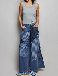 POL Bohemian Stripe Star Patchwork Pants in blue - women's jeans