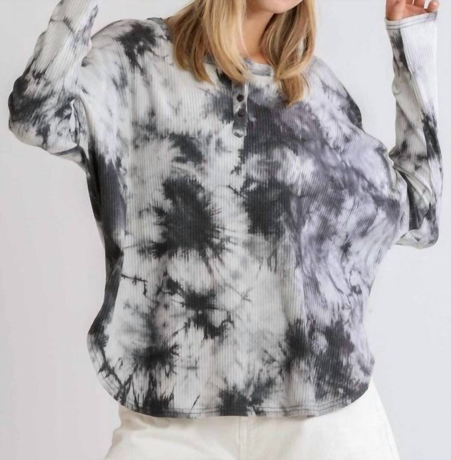 umgee Tie Dye Ribbed Top in grey - women's long sleeve top - detail view