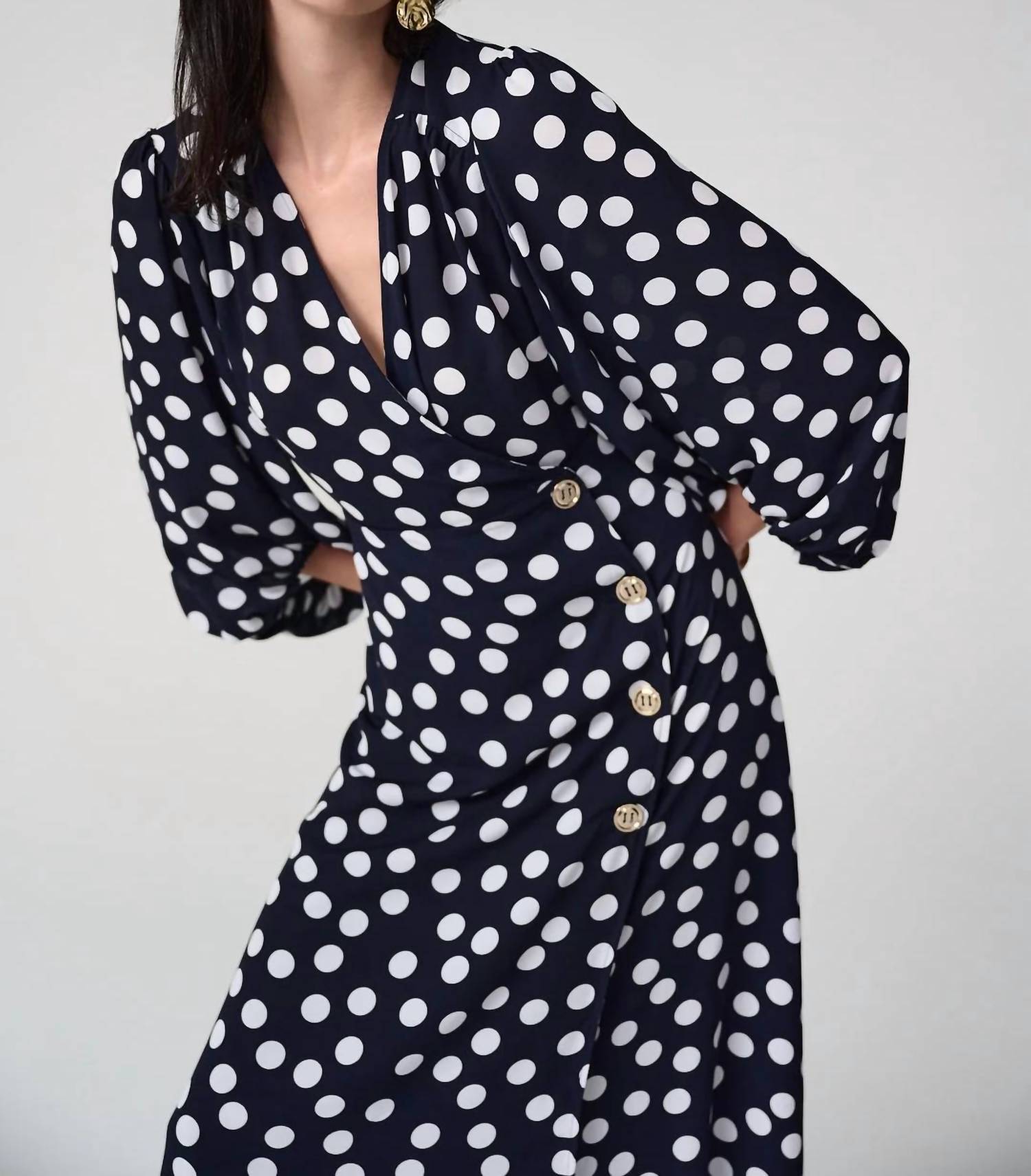 Joseph Ribkoff - Polka Dot Puff Sleeves Wrap Dress