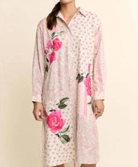 Davi & Dani - Women's Printed Flower Patched Maxi Duster Shirt Top