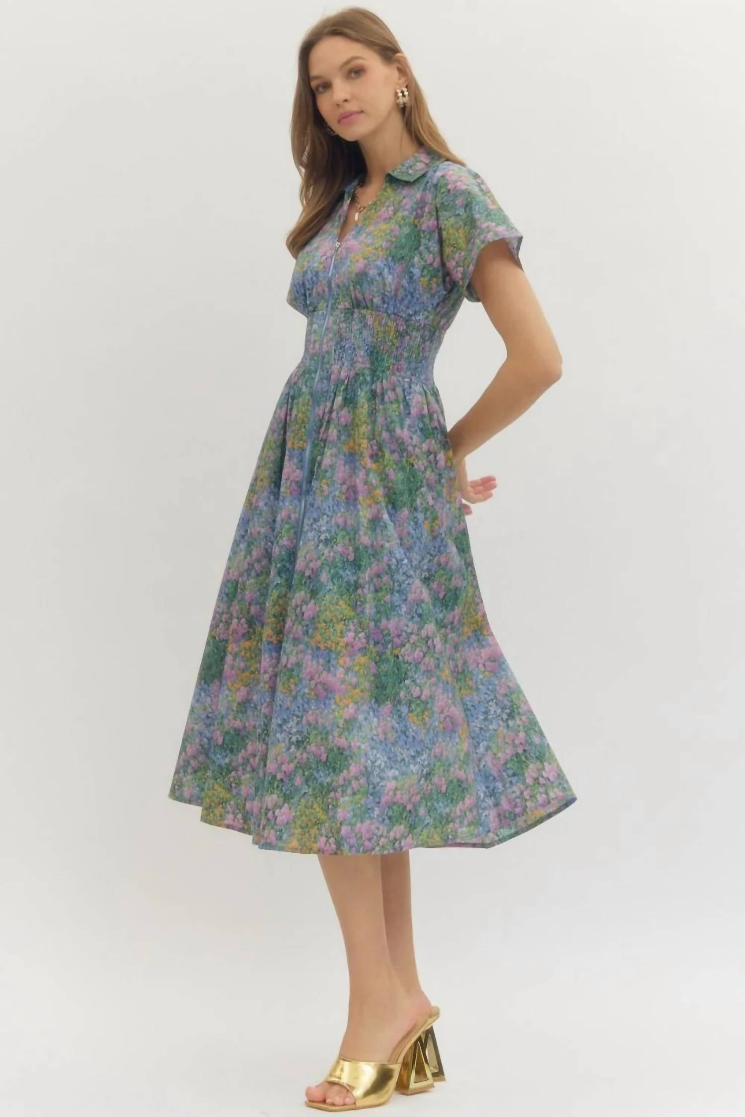Entro - Spring Floral Zip Midi Dress