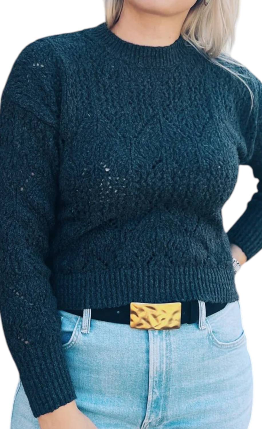 Autumn Cashmere Boxy Pointelle Crew Sweater in charcoal - women's sweater - detail view