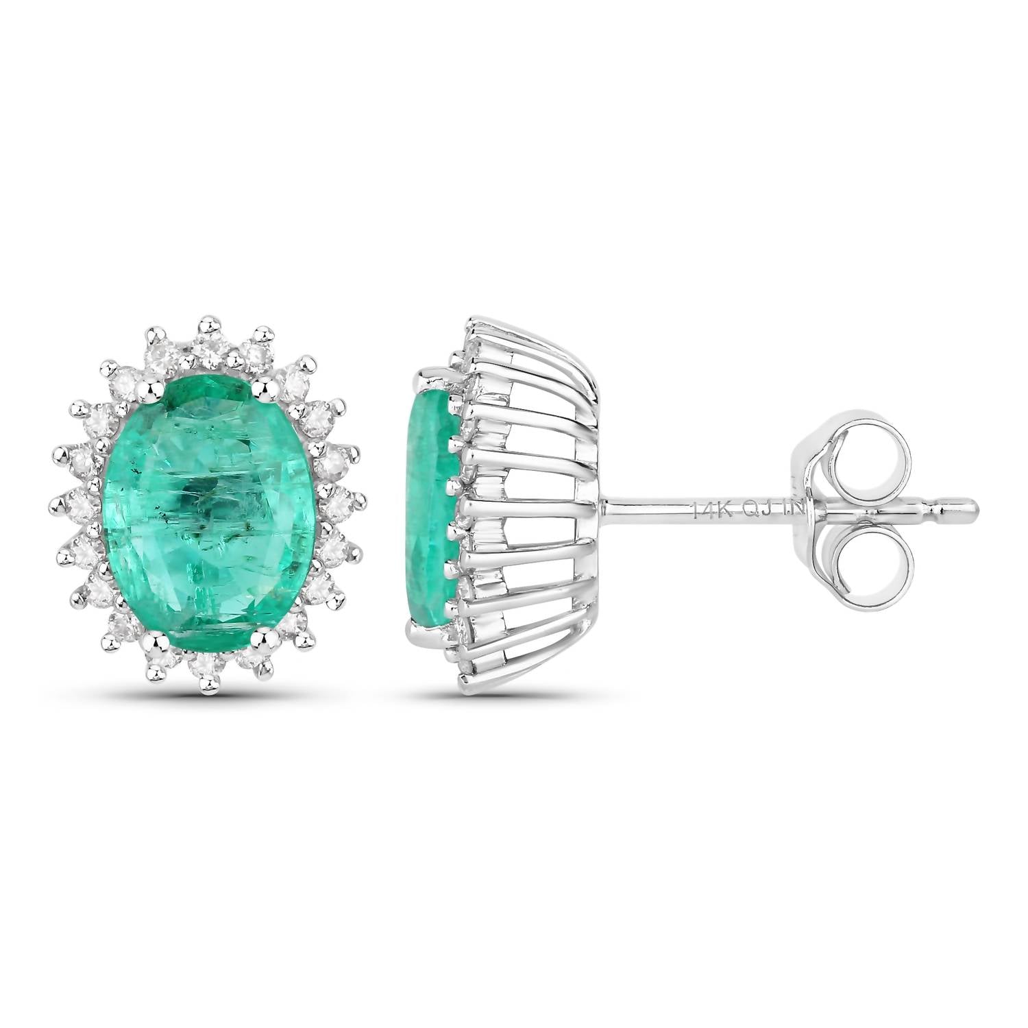 Diana M Jewels Women's Oval Natural Zambian Emerald Stud Earrings (2.66 Ct) - Signature in 14k white gold - women's jewelry - detail view