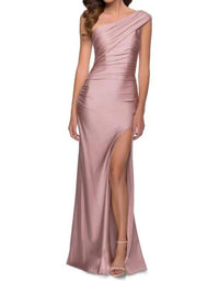 La Femme One-shoulder Ruched Gown in mauve - women's dress