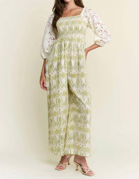 J.NNA Lace Sleeve Smocked Jumpsuit in green - women's pants