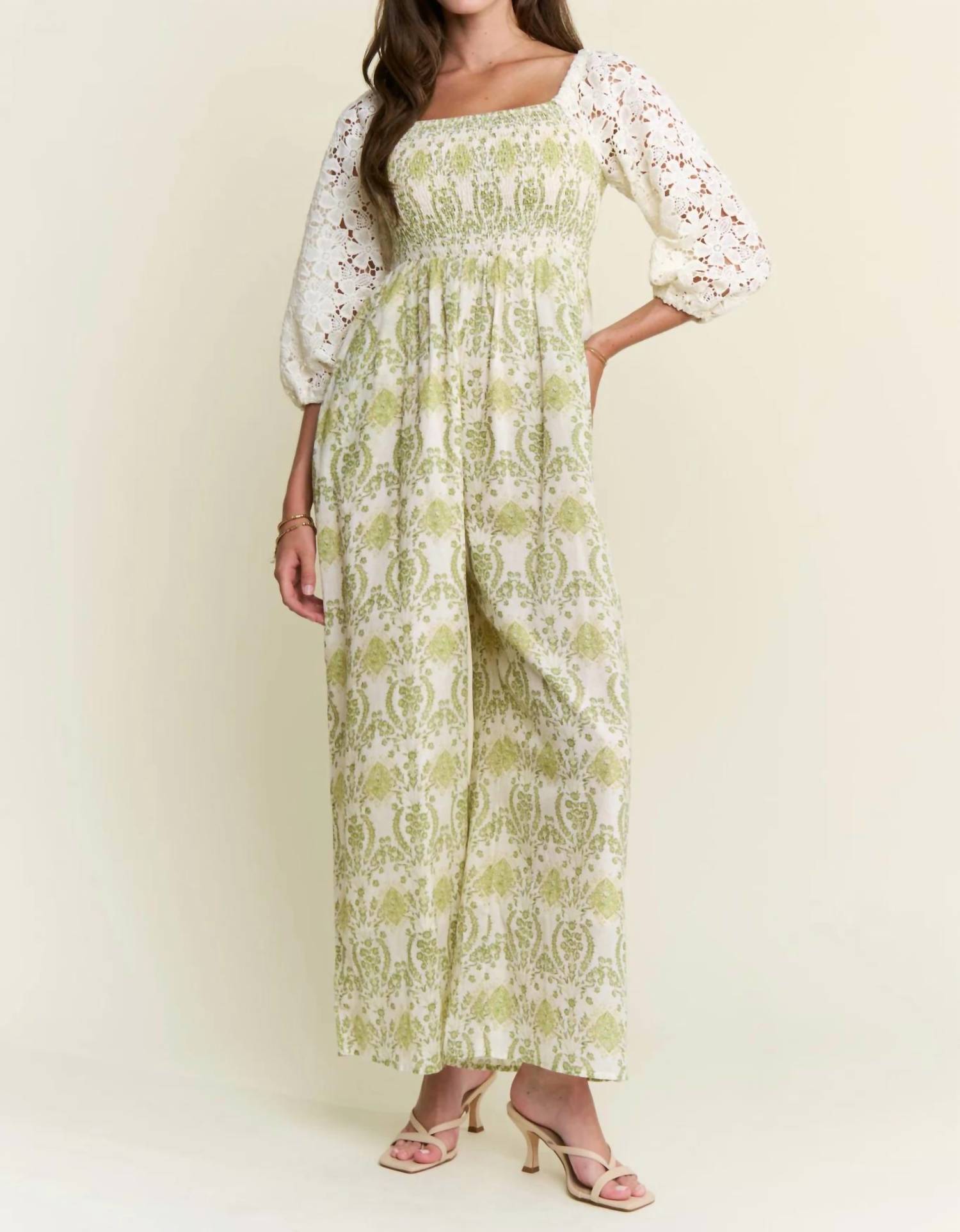 J.NNA Lace Sleeve Smocked Jumpsuit in green - women's pants