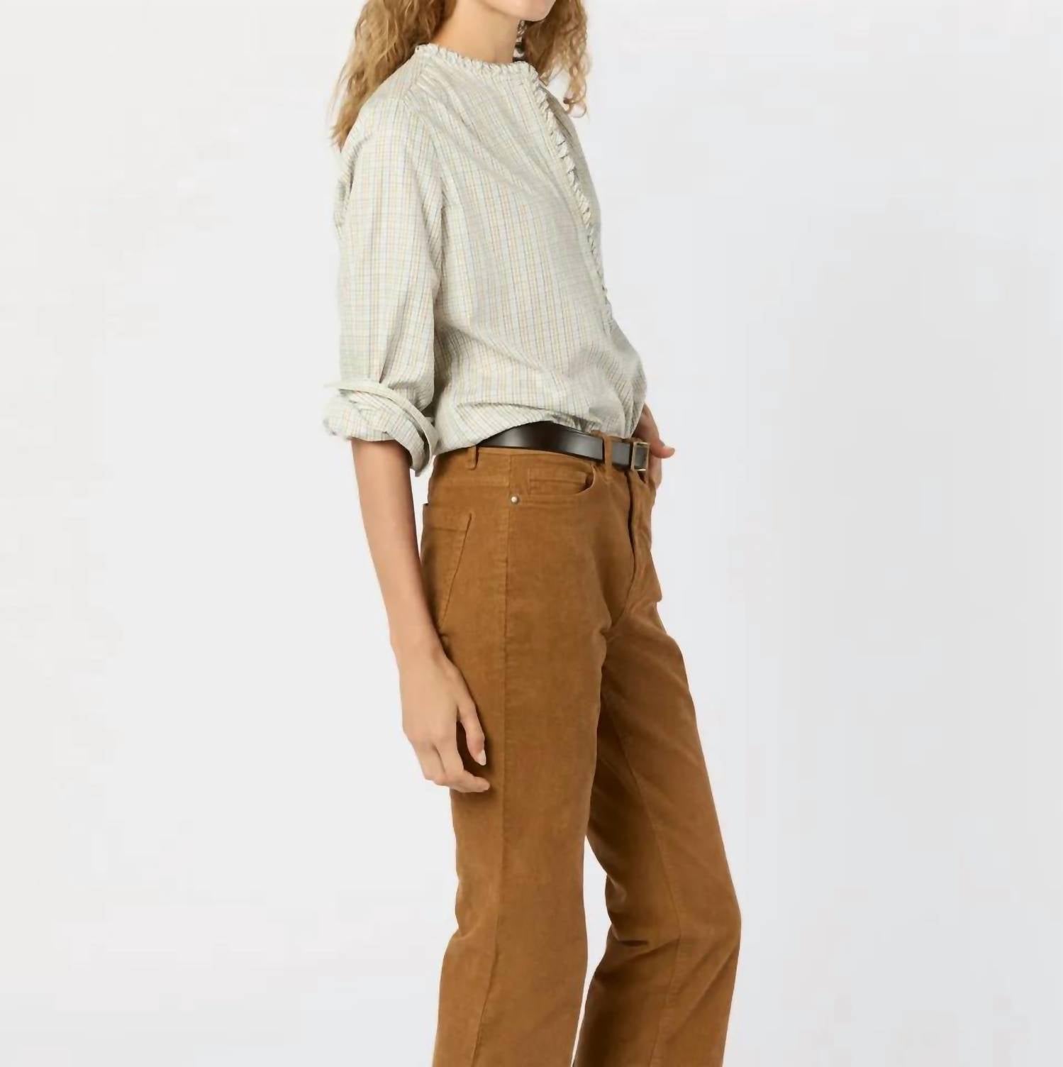 Ann Mashburn Becca Long Sleeve Half Button Top in olive ochre blue tattersall brushed twill - women's blouse - alternate view