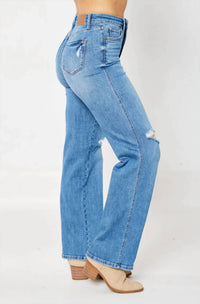 Judy Blue - Women's Leo Tummy Control Destroy Knee Straight Denim Jeans