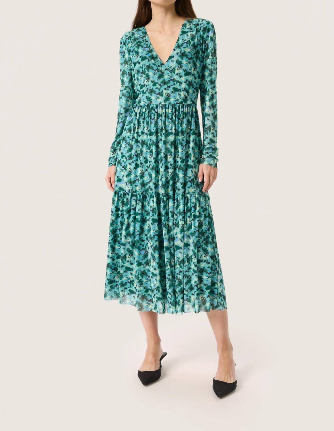 Soaked In Luxury - Slaldora V-neck Mesh Long Sleeve Midi Dress