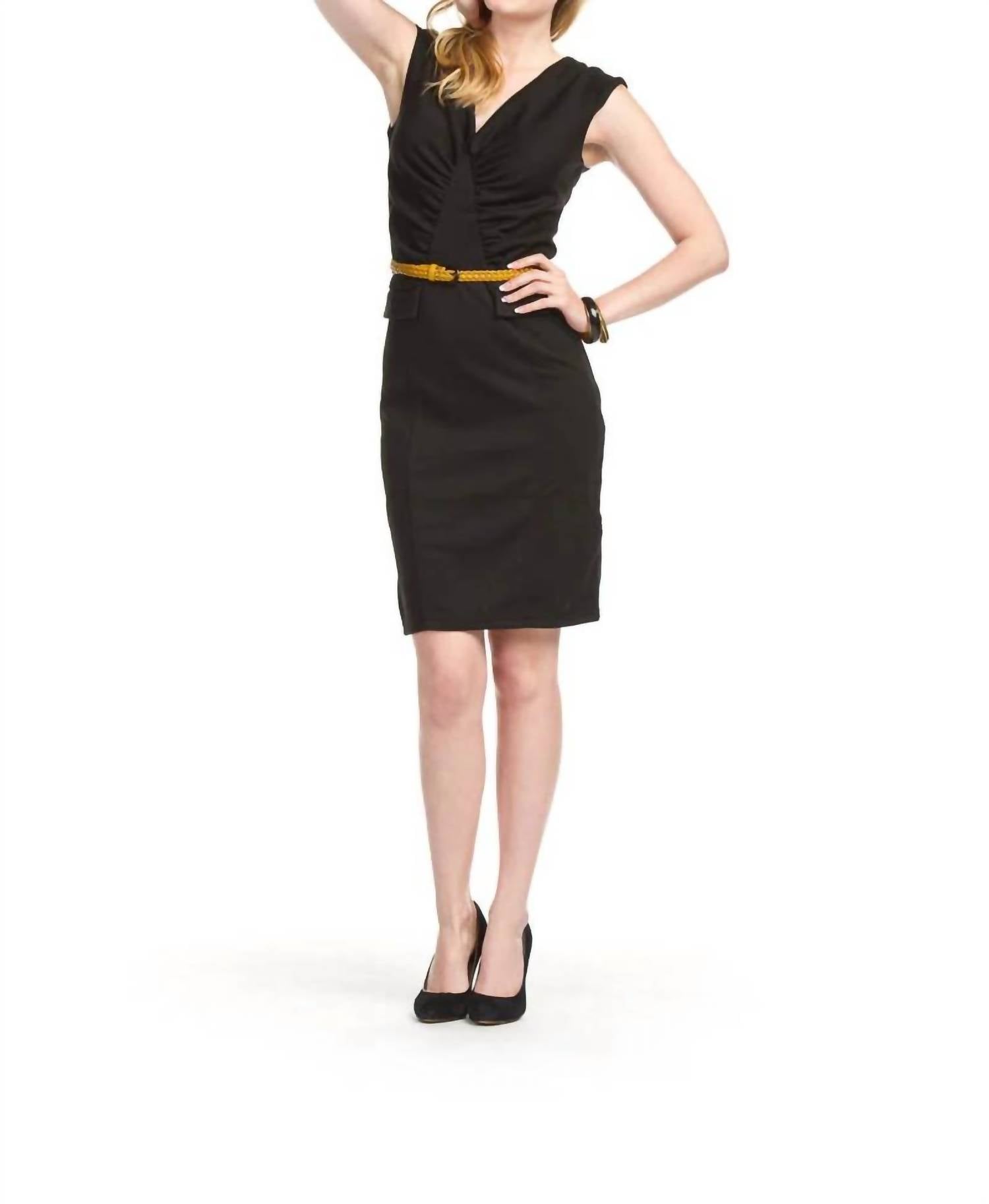 Papillon - V-neck Ruched Bust Faux Pockets Dress