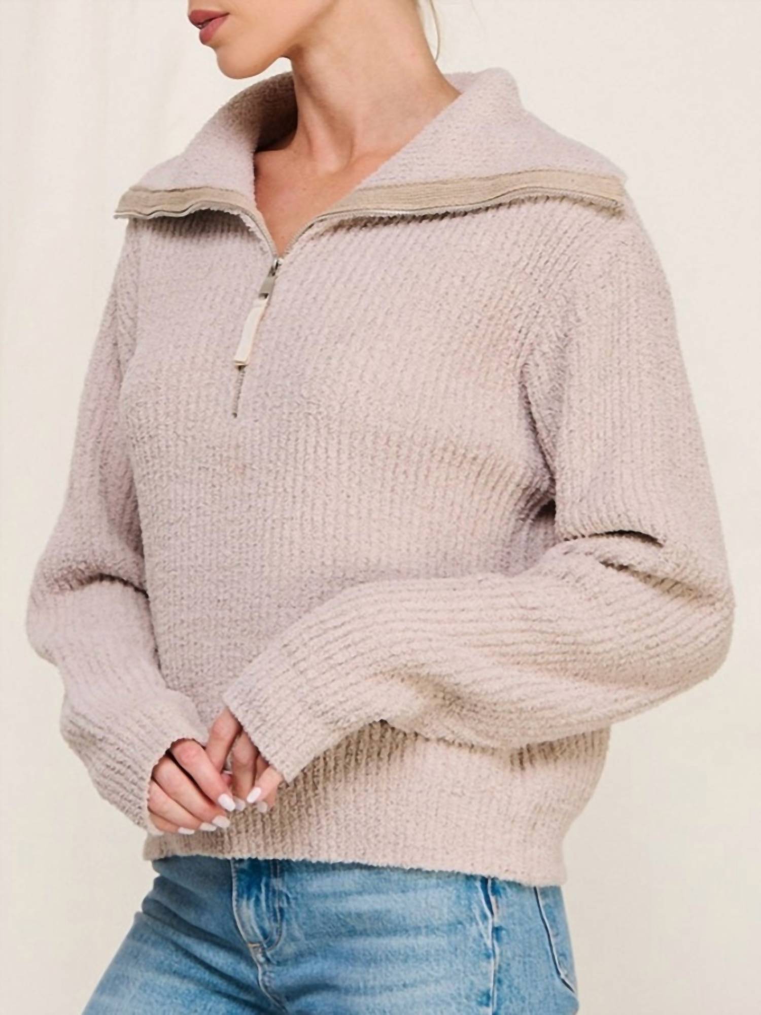 ALLIE ROSE Soft Plush Half Zip Sweater in almond - women's sweater - detail view