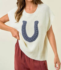 Doe and Rae Horseshoe Ribbed Sweater Vest in cream blue - women's sweater - alternate view
