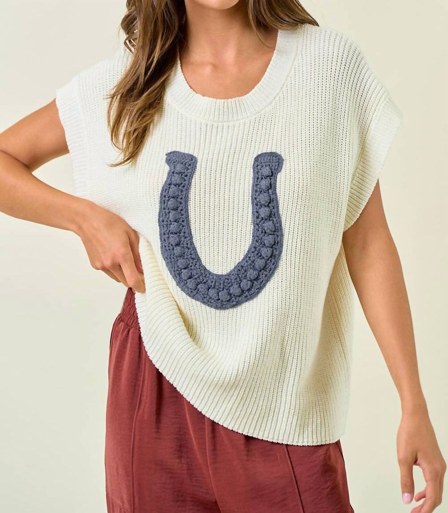 Doe and Rae Horseshoe Ribbed Sweater Vest in cream blue - women's sweater - alternate view