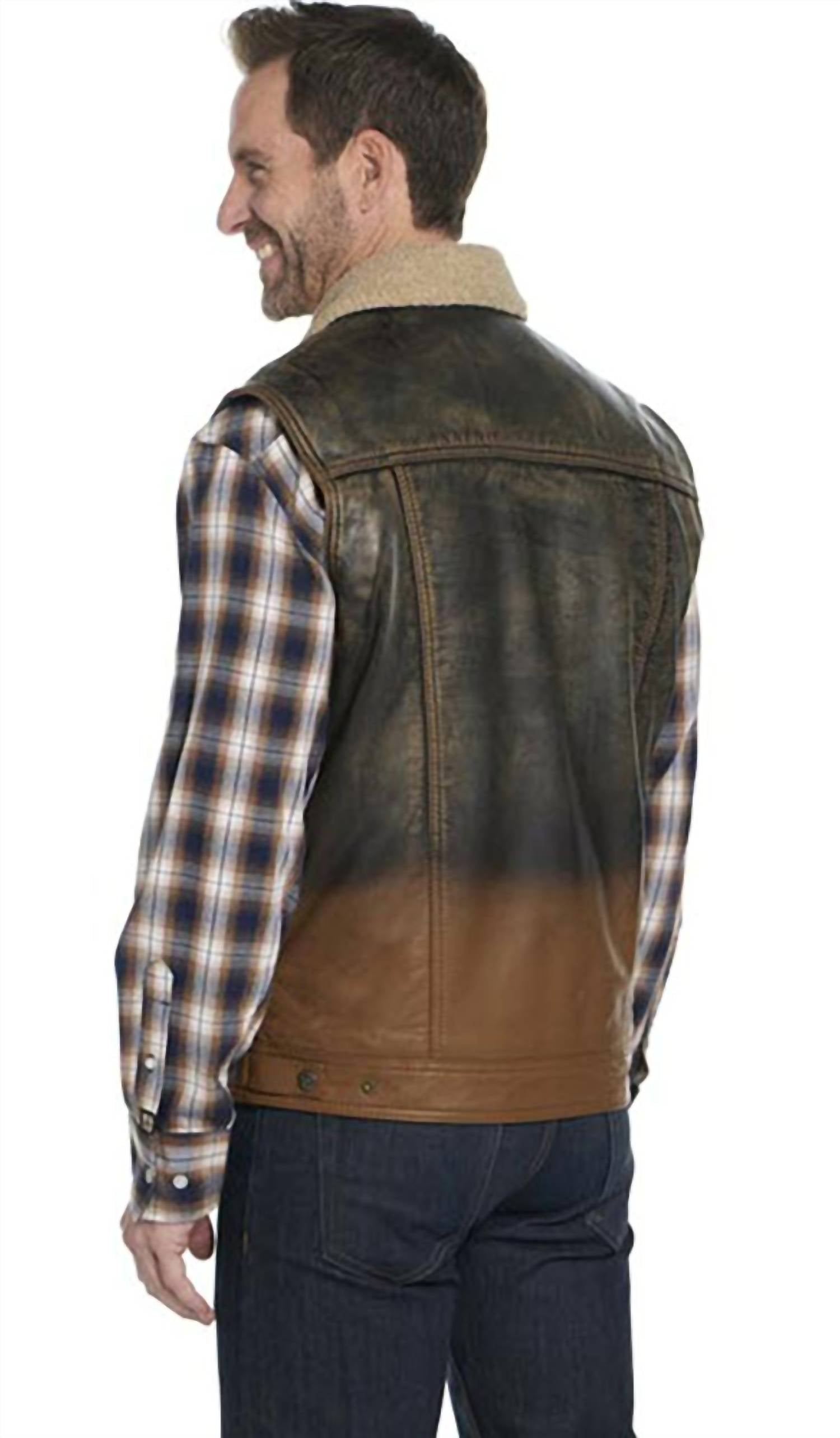 Cripple Creek Men's Leather Snap Ombre Sherpa Lined Vest in chocolate dip - men's item - alternate view