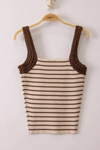 Very J - Women's Crochet Sleeve Striped Knit Tank Top