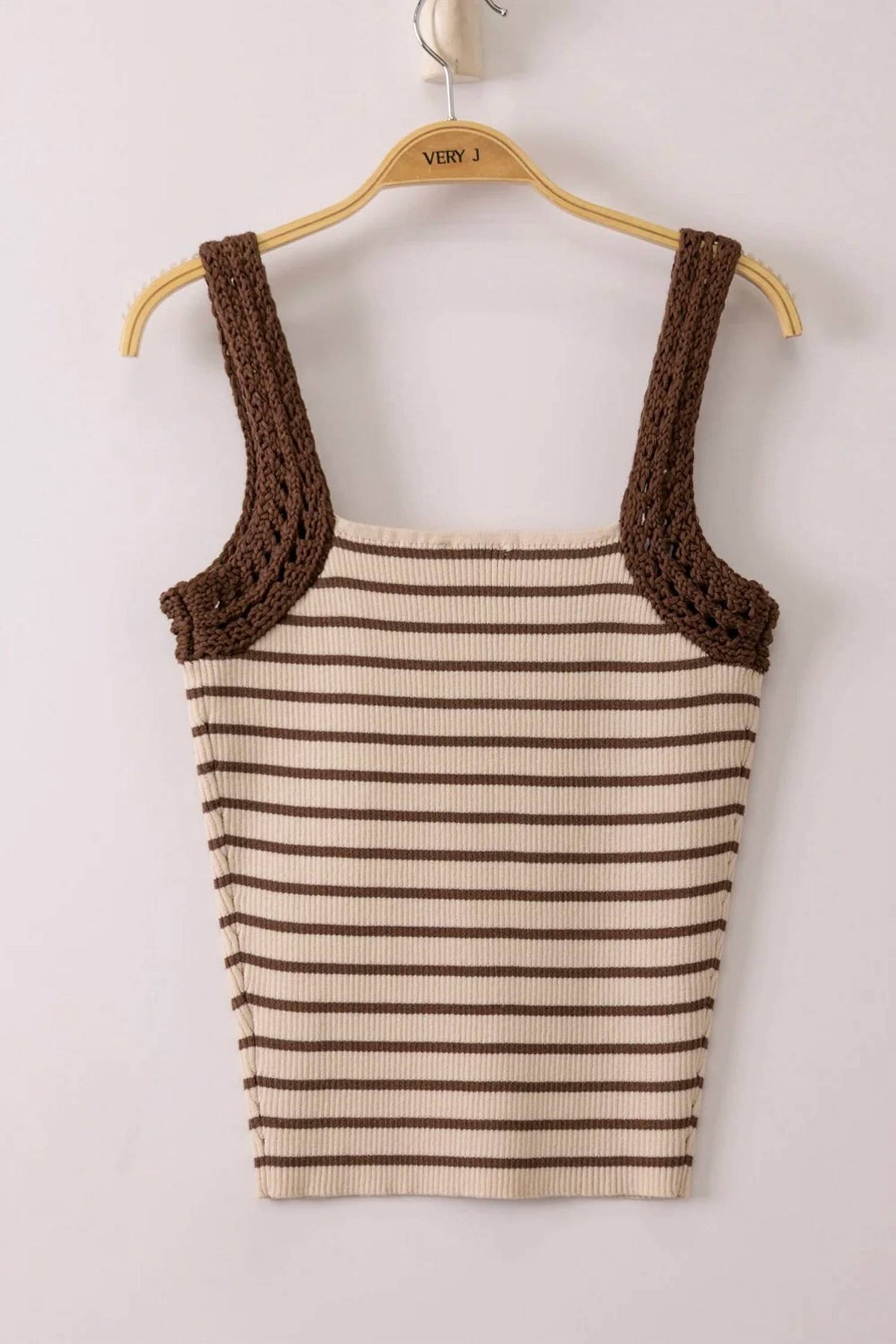 Very J - Women's Crochet Sleeve Striped Knit Tank Top