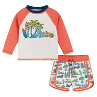 Andy & Evan - Boy's Surf Print Rashguard And Swim Trunks Set
