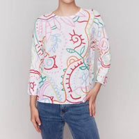 Charlie B - C2639PR-261B - Printed Cotton Crew Neck Sweater