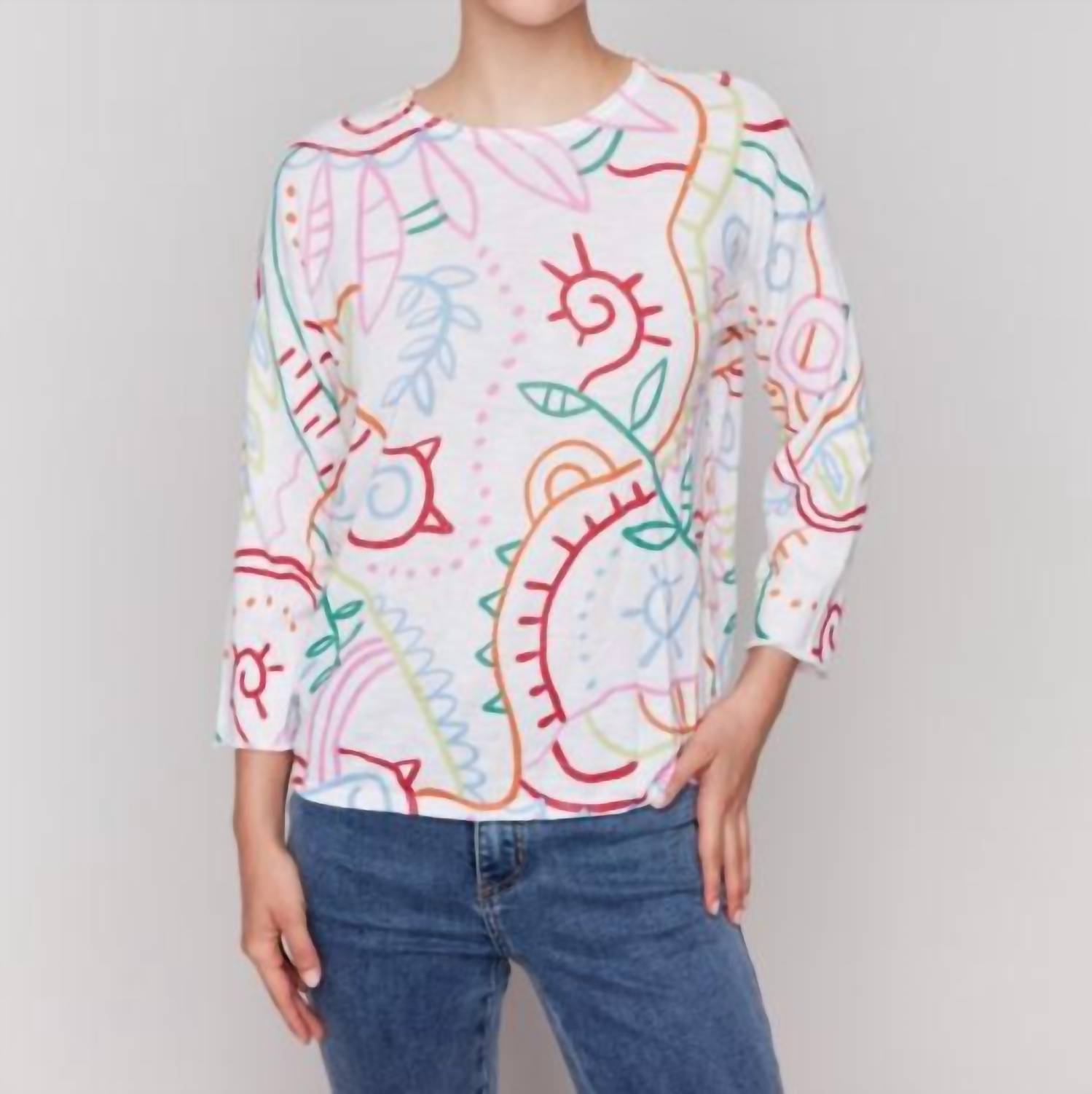 Charlie B - C2639PR-261B - Printed Cotton Crew Neck Sweater