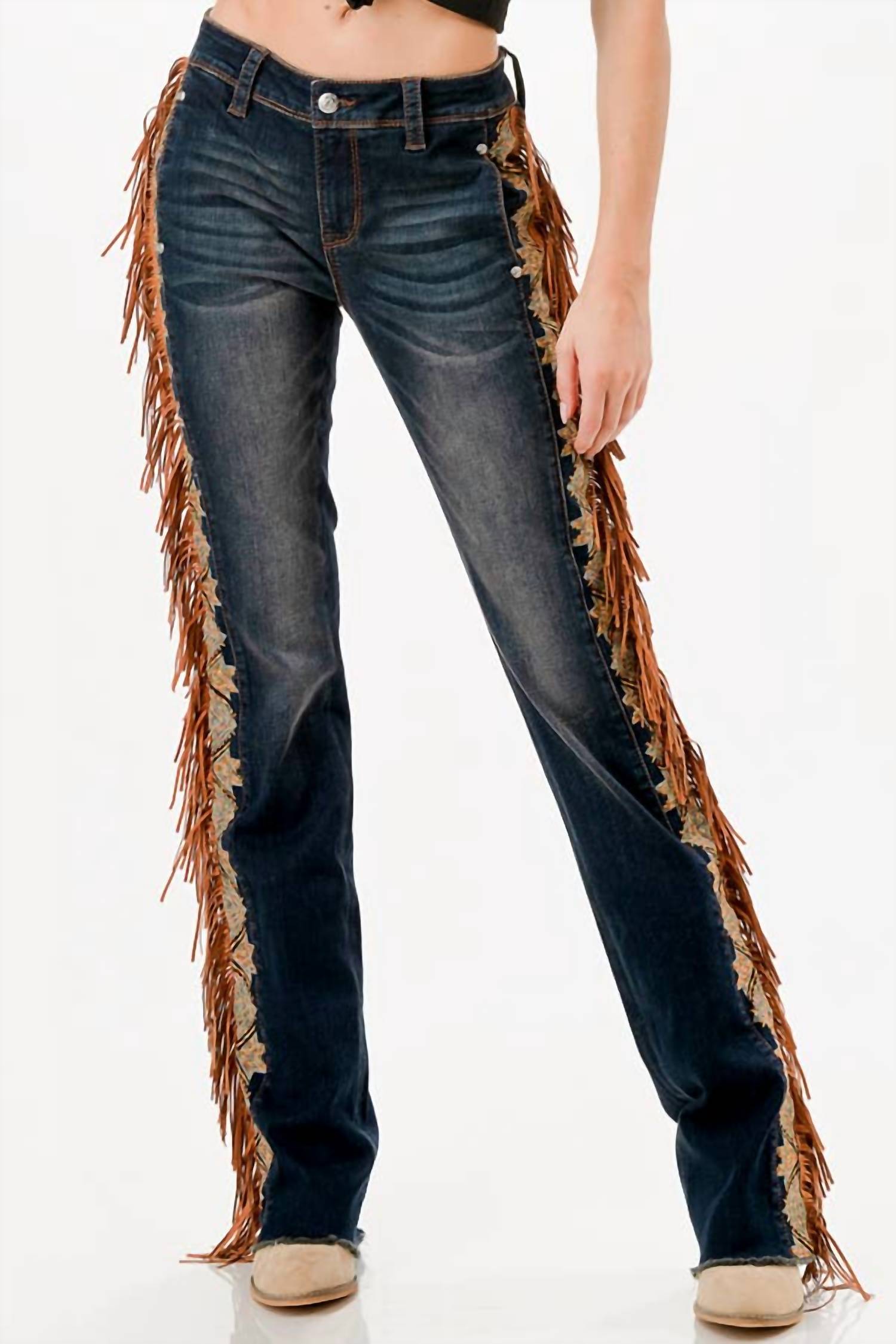 Grace In La - Tassel Trim Sides Mid-Rise Boot Cut Jean - 32"