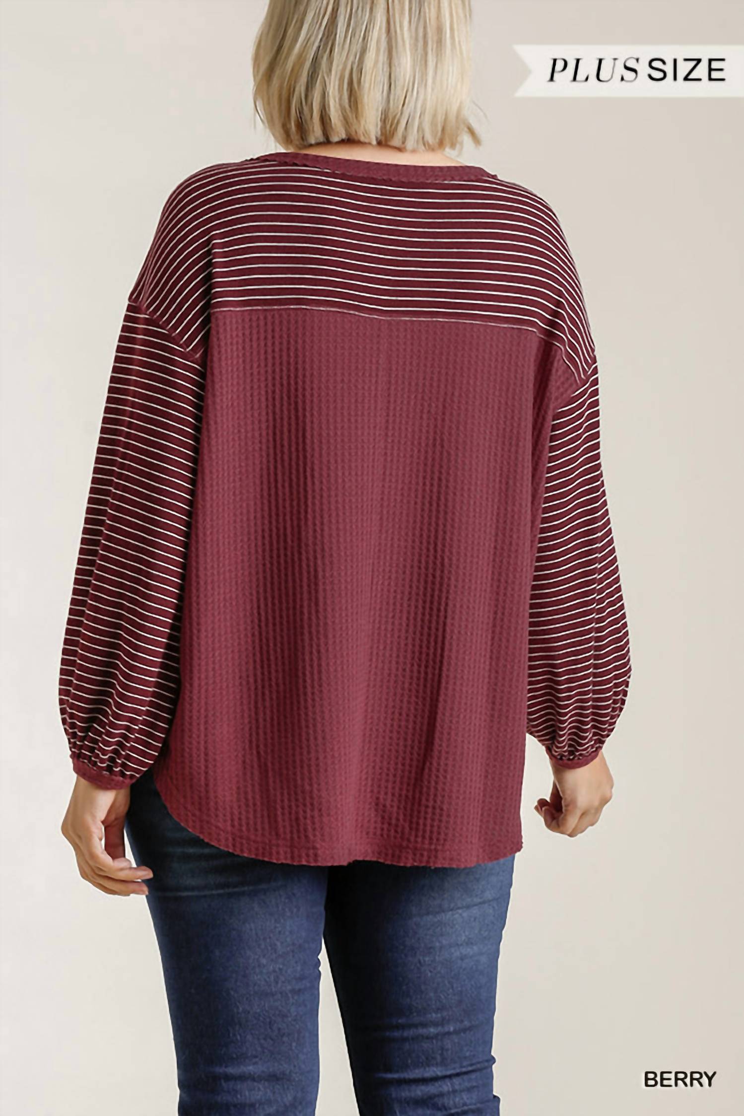Umgee - Ribbed Sleeve Top In A Waffle Knit With High Low Hem - Plus